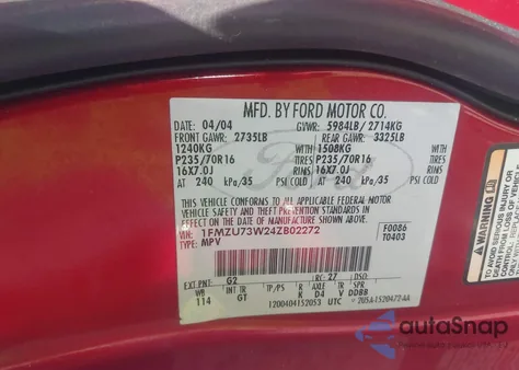 2004 Ford Explorer Nbx/Xlt from USA, damaged, VIN 1FMZU73W24ZB02272